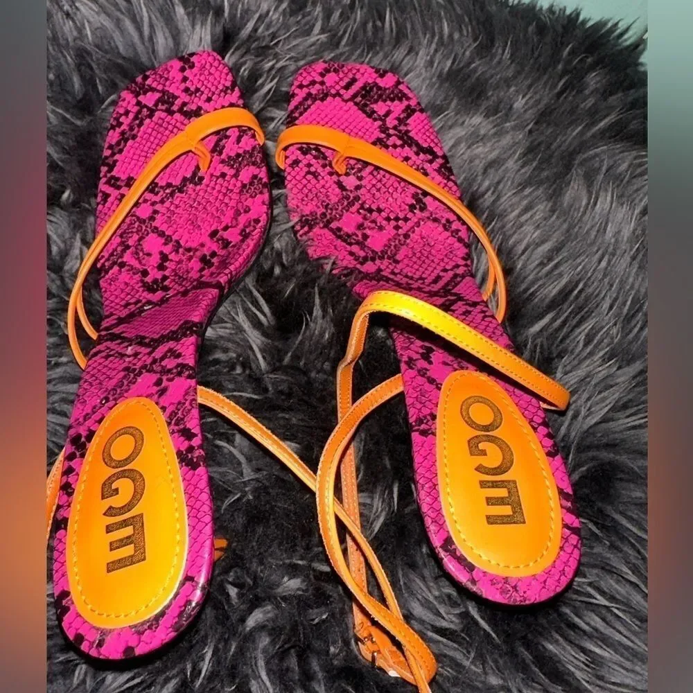 EGO VEX PINK SNAKE PRINT INSOLE STRAPPY SQUARE TOE IN ORANGE FAUX LEATHER NWOT 9